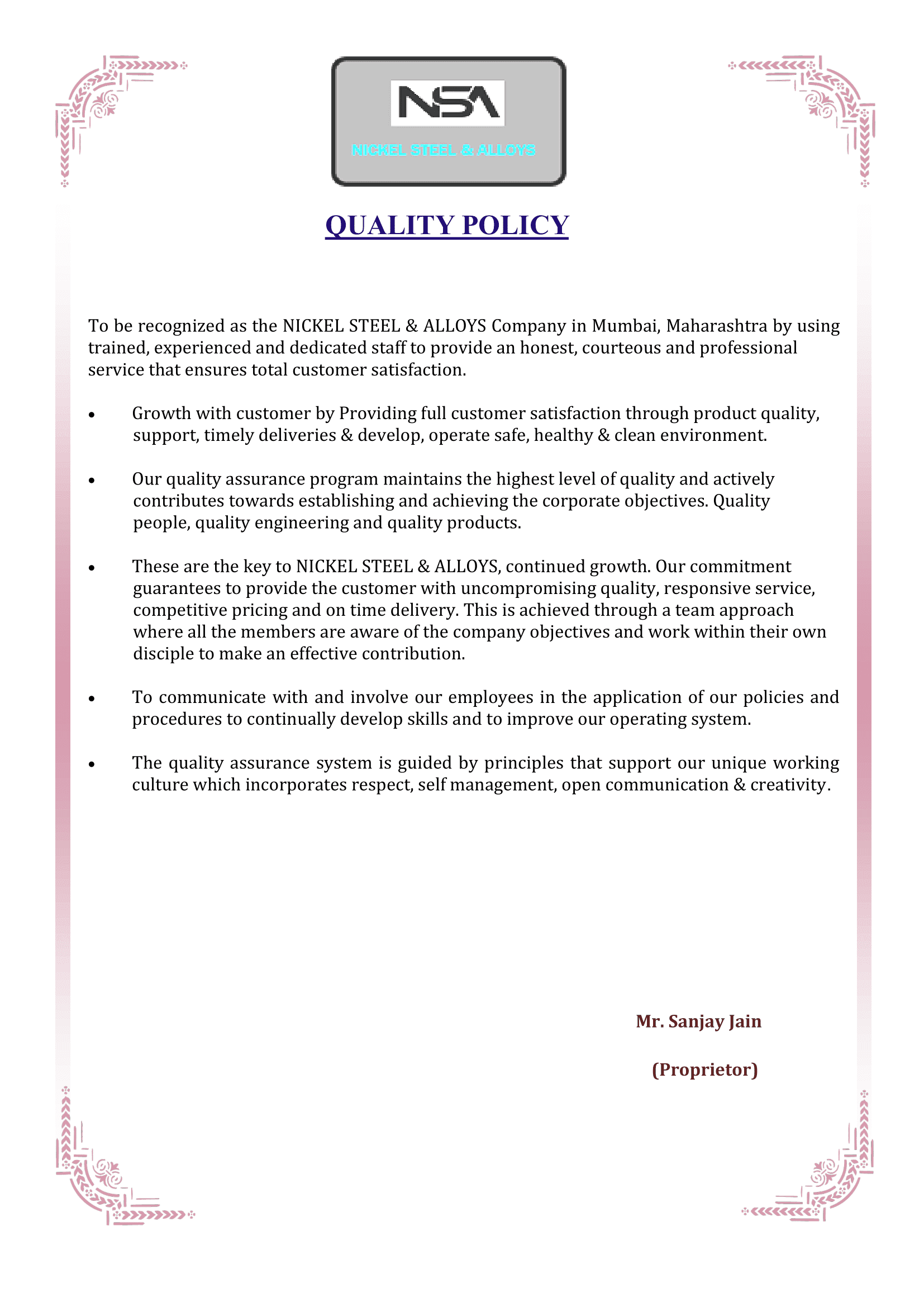 Quality Policy Certificate